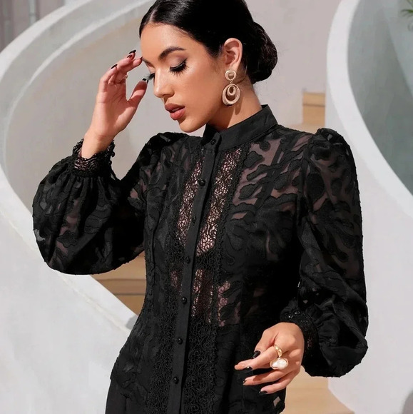 Contrast Lace Lantern Sleeve Mock Neck Going Out  Black Shirt Withou - Picture 5 of 7